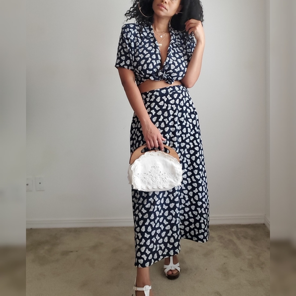 VTG Leslie Faye Navy Blue & White Skirt Set